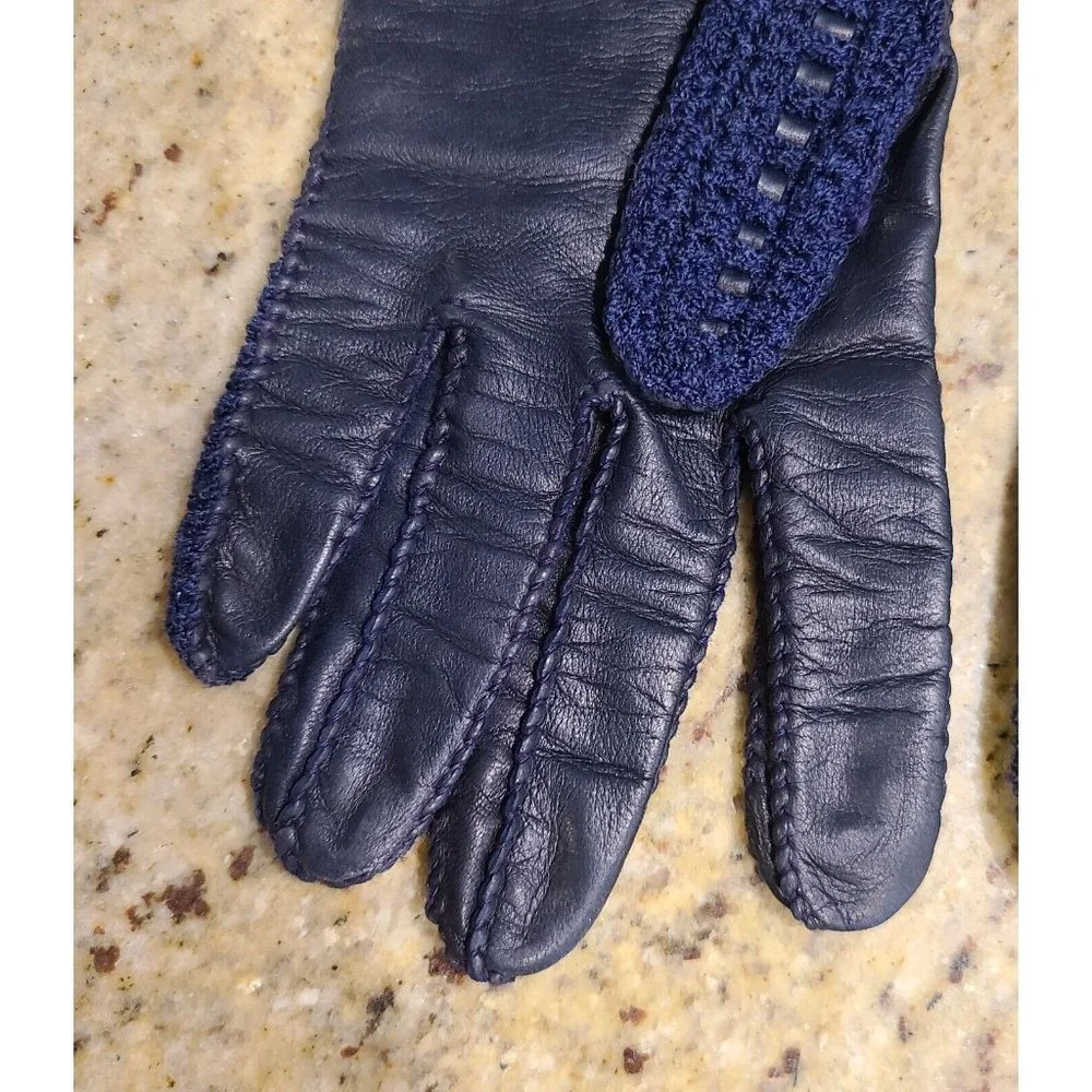 Vintage Size M 7 Blue Leather And Knit Handmade Gloves Hammer Of Hollywood